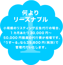 何よりリーズナブル 小規模のリスティング広告代行の場合、1カ月あたり30,000円～50,000円程度の代行費が相場です。「りす～る」なら19,800円（税別）で管理代行いたします。