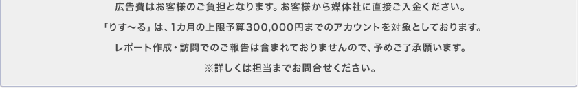 広告費はお客様のご負担となります。お客様から媒体社に直接ご入金ください。「りす～る」は、1カ月の上限予算300,000円までのアカウントを対象としております。レポート作成・訪問でのご報告は含まれておりませんので、予めご了承願います。※詳しくは担当までお問合せください。
